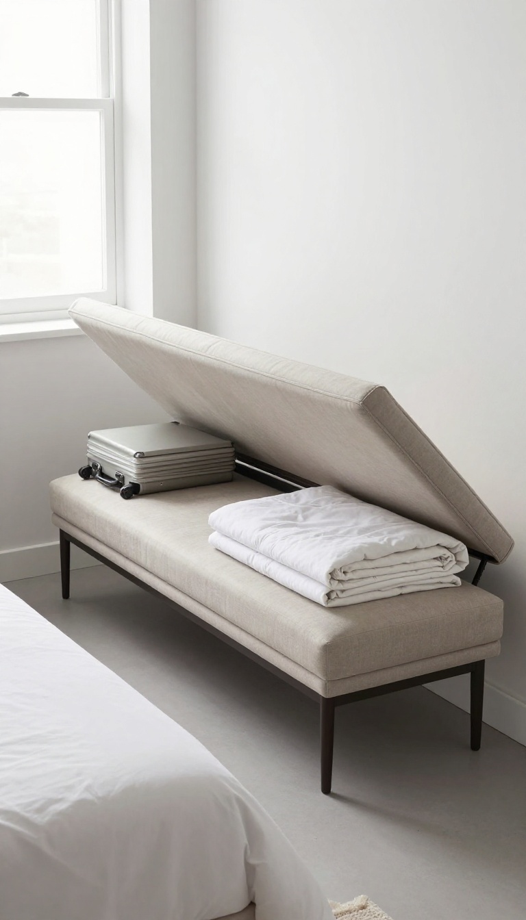 Small guest bedroom with a storage ottoman at the foot of the bed, holding a suitcase and open to show extra linens.