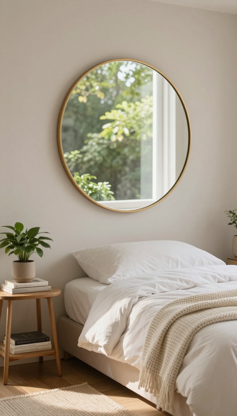 Cozy small bedroom with a large mirror reflecting light to make the space feel larger