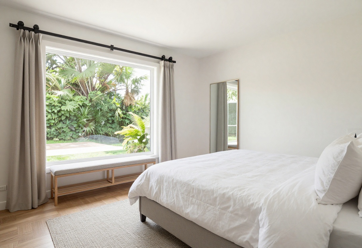 Small couple bedroom with queen bed, mirror, and sliding barn door