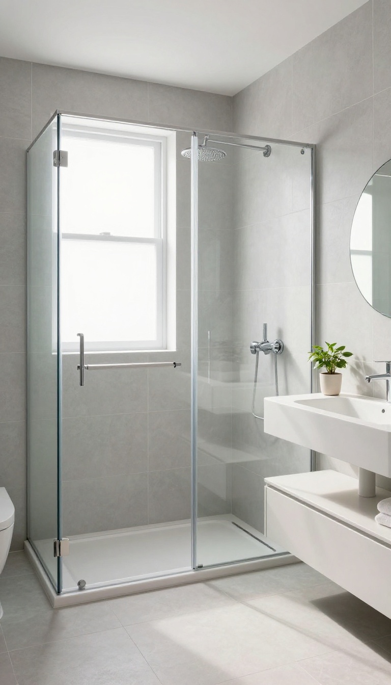 Small bathroom with large light gray tiles and a glass shower, designed to look spacious and airy.