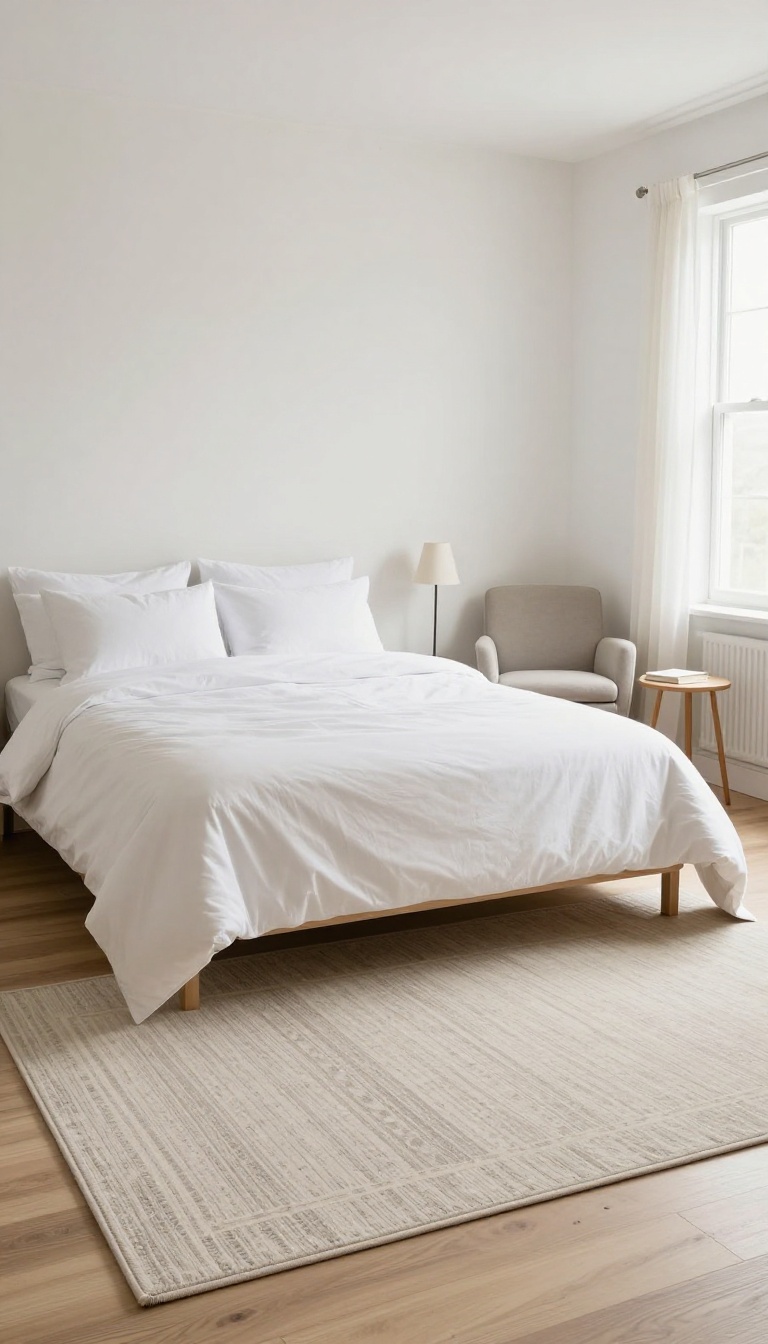 Small couple bedroom with a rug defining a separate reading nook zone