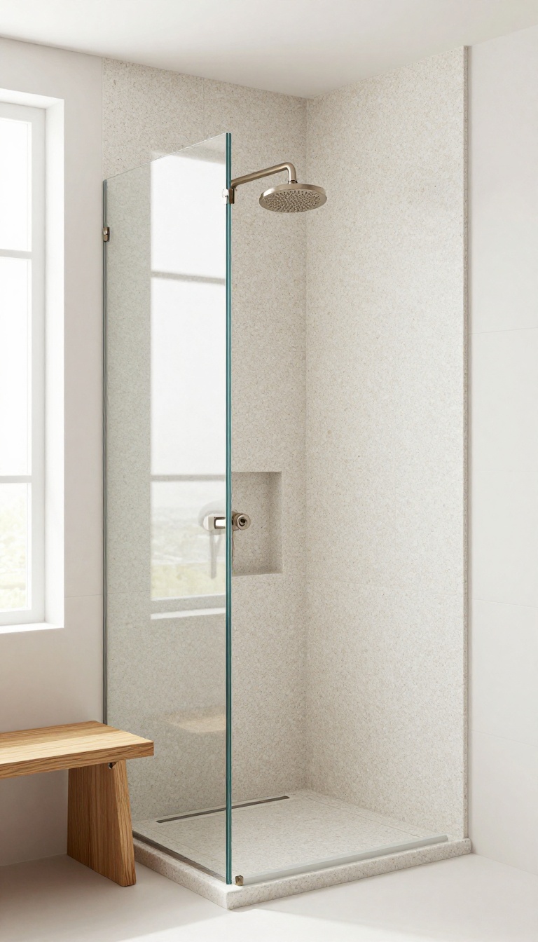 Modern walk-in shower with a terrazzo feature wall and clean white tiles