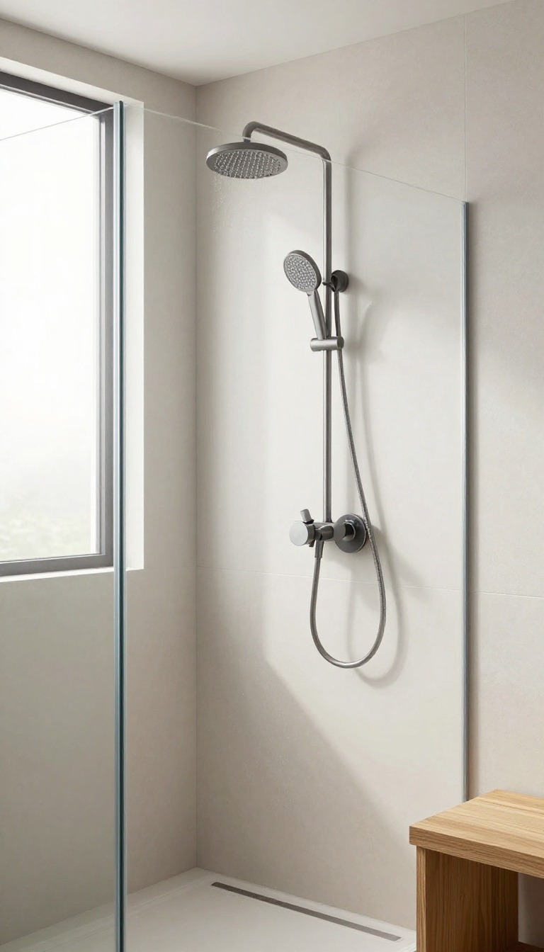Modern walk-in shower with a thermostatic valve control panel on the wall