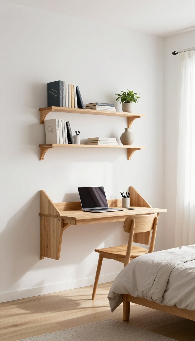 Small bedroom with floating shelves and a fold-down wall desk, styled with books and a plant, in bright natural light.
