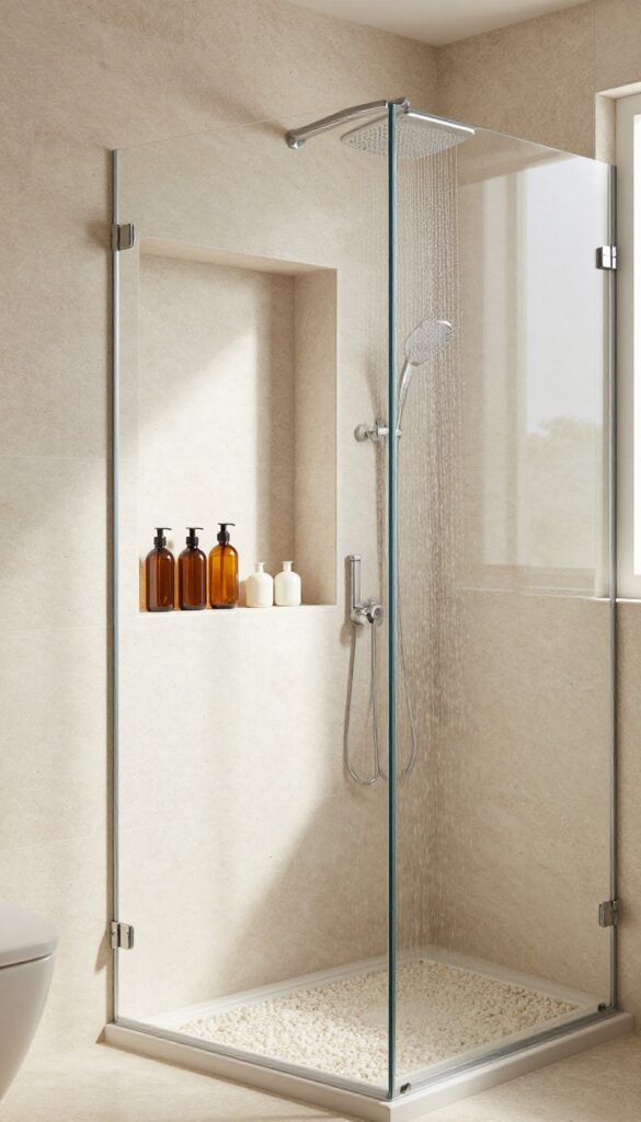 A modern compact shower with a built-in tiled niche holding shampoo bottles, showcasing sleek storage solution.