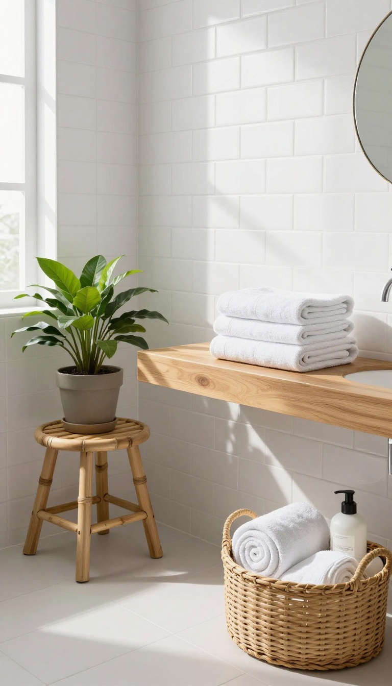 Bamboo stool in a guest bathroom holding towels and a basket of essentials