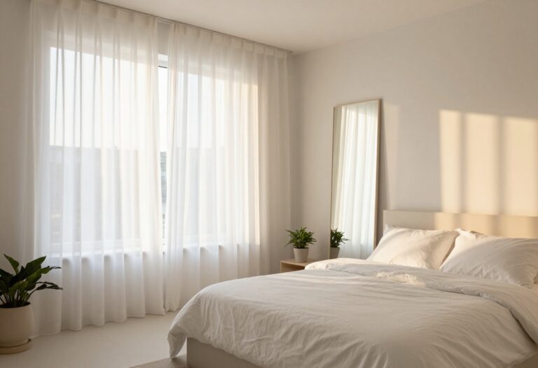 Bright and airy guest bedroom with sheer curtains, mirror, and light neutral decor