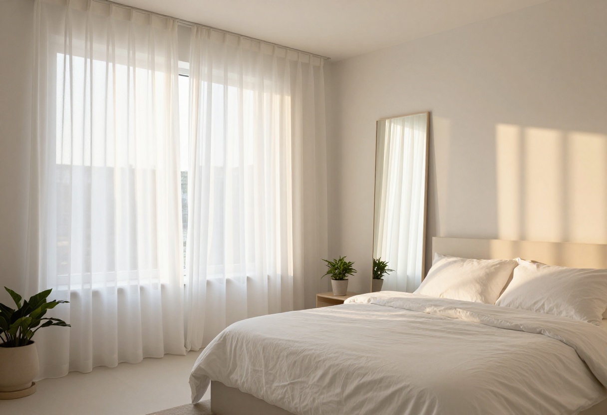 Bright and airy guest bedroom with sheer curtains, mirror, and light neutral decor
