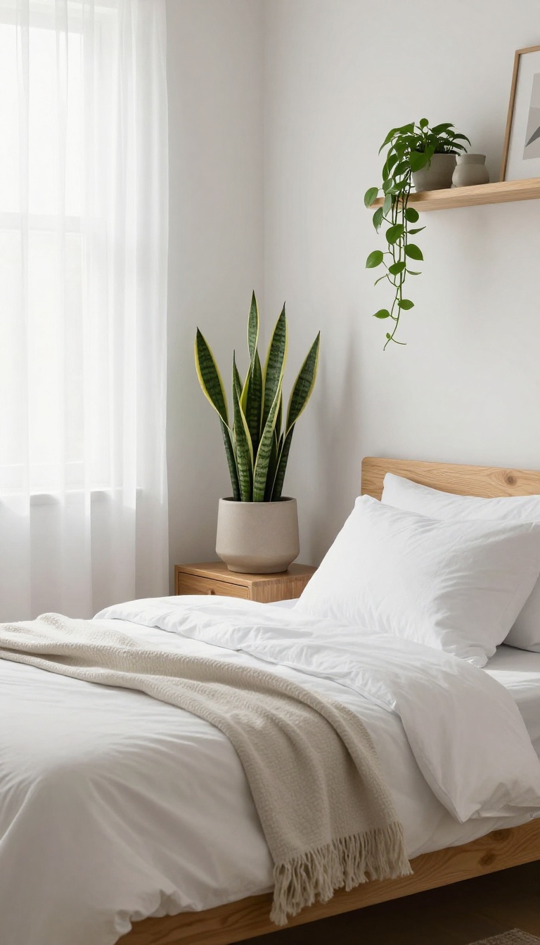 Guest bedroom with a snake plant on a dresser and a pothos on a shelf, adding greenery for a restful feel.