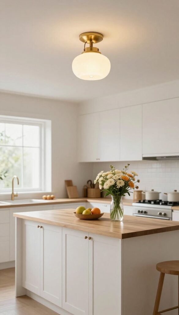 Understated flush mount light over a kitchen island in a low-ceiling kitchen