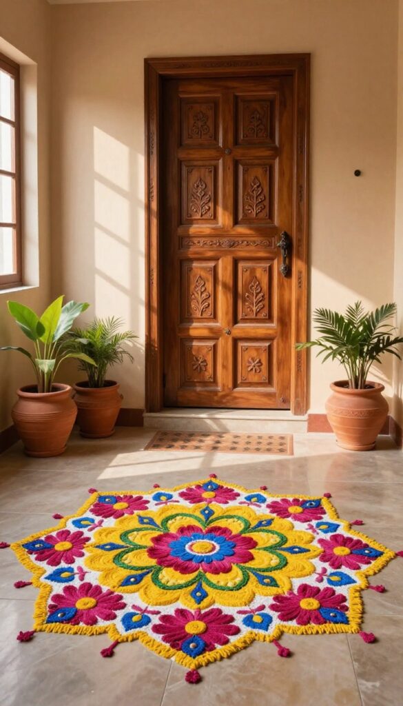 Traditional Indian kitchen entrance with a colorful rangoli floor art design, warm lighting, and decorative elements.