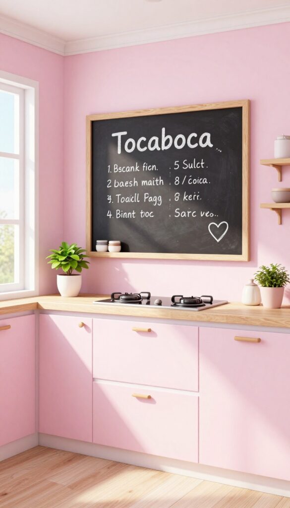 A cozy Tocaboca-style kitchen with a chalkboard menu board on the wall, featuring cute handwritten text and a heart doodle, in bright natural light.