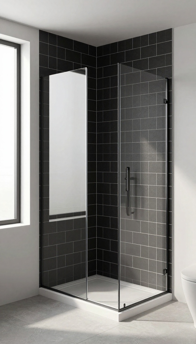 Modern bathroom shower with black and white herringbone tile wall, large-format matte tiles, walk-in glass enclosure, bright natural light, graphic contrast, photorealistic, no text