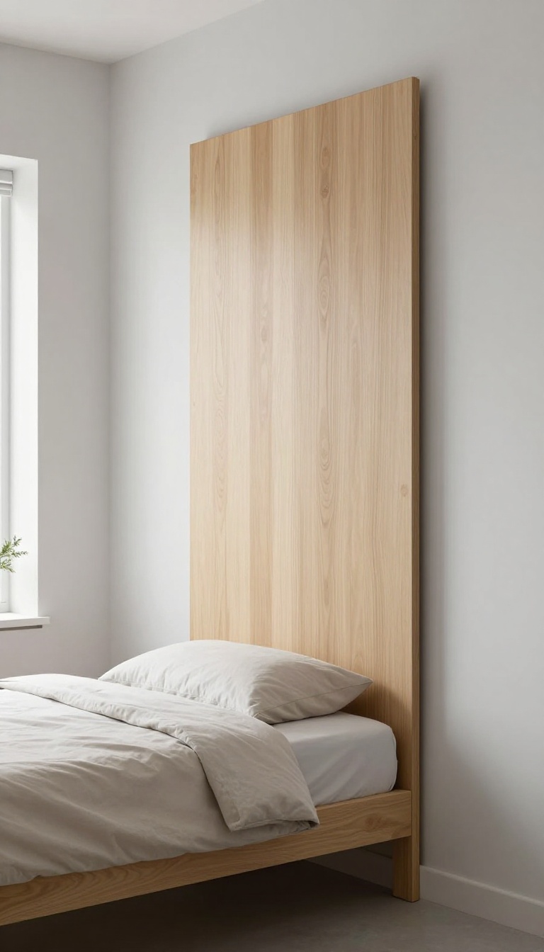 Small bedroom with a slim vertical headboard that draws the eye upward, making the ceiling feel higher