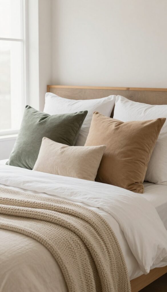 A small bedroom bed layered with textured throws and pillows in neutral and muted tones, showcasing boutique style.