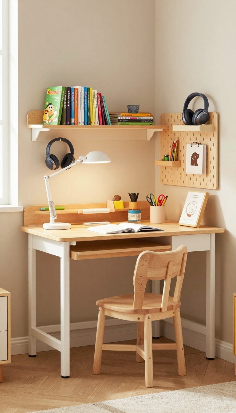 Corner desk setup in a boy's bedroom with shelves, pegboard, and a small chair, showcasing a functional and tidy study area.