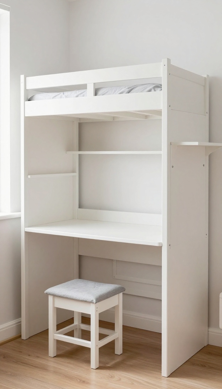 Boys bedroom with multi-functional furniture including a loft bed with desk and storage ottoman