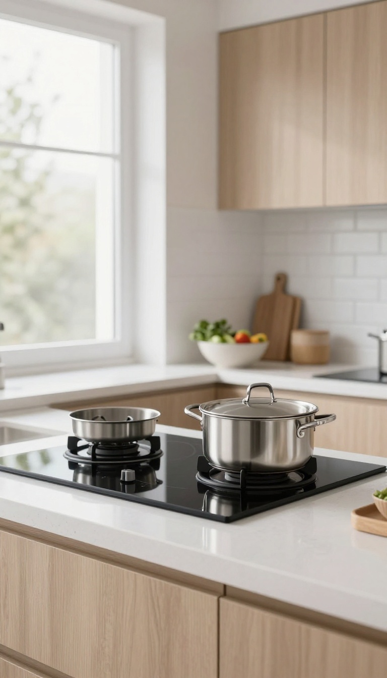 Sleek induction cooktop in a bright modern kitchen with white countertops and minimal decor