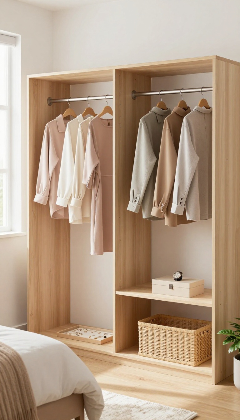 A his and hers closet zone in a small bedroom, with separate sections for each person's clothes and accessories, divided by a wooden shelf and bins.