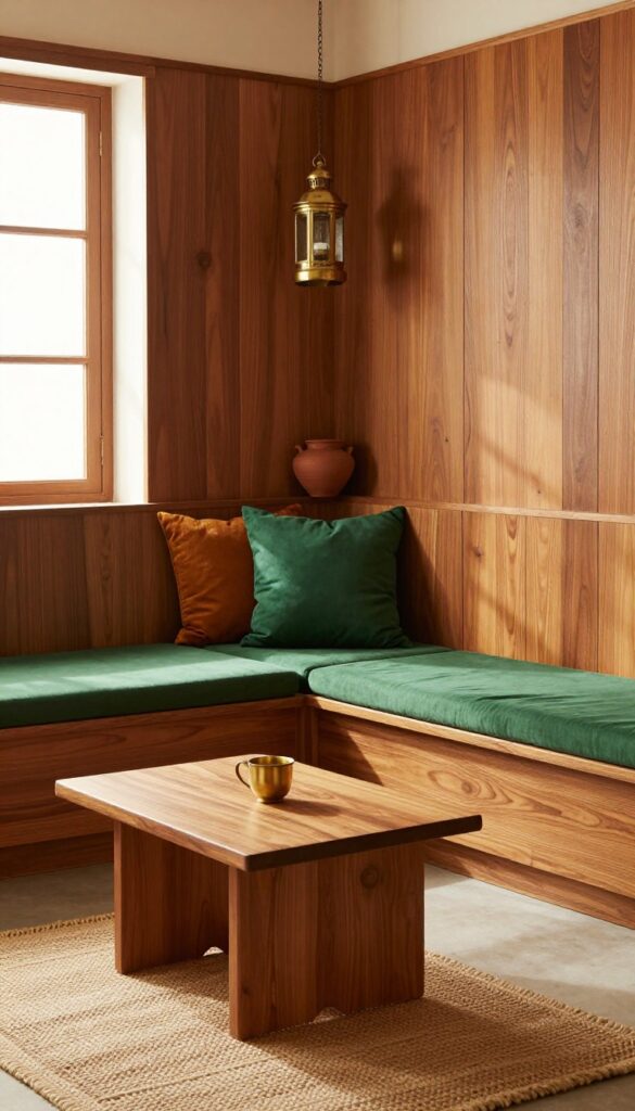 Cozy built-in seating corner in a traditional Indian kitchen with colorful cushions and warm wood
