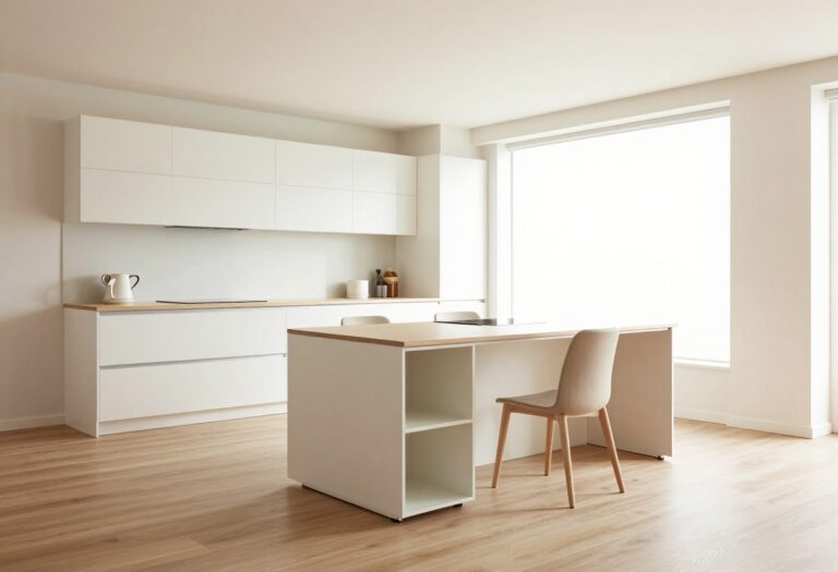 Modern small kitchen and dining room with space-saving furniture and bright lighting