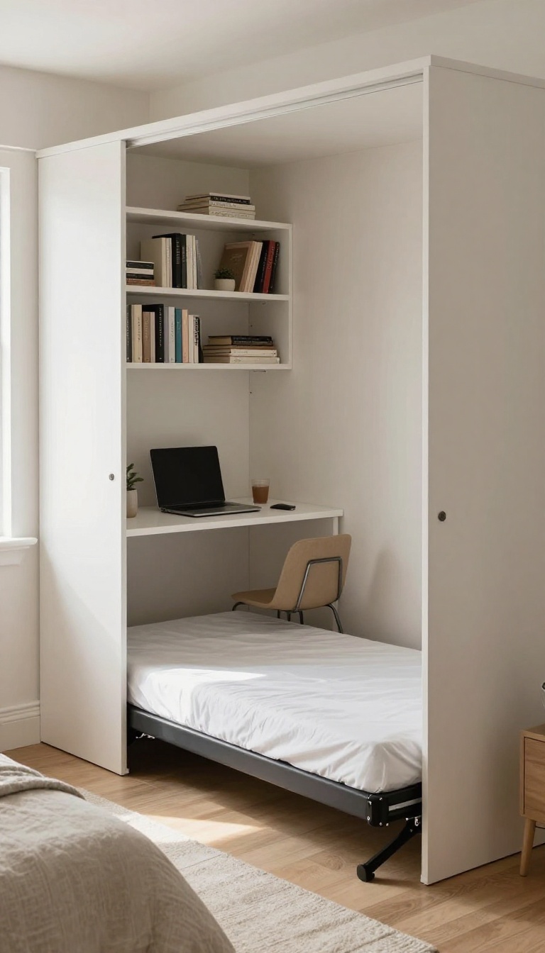 Guest room with closet converted into a small office and pull-out bed