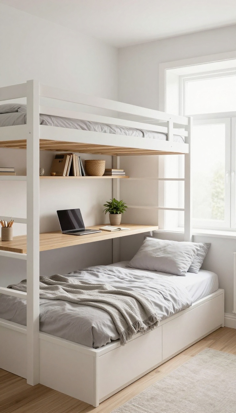Guest room with built-in bunk beds and a shared desk underneath, styled for work and play