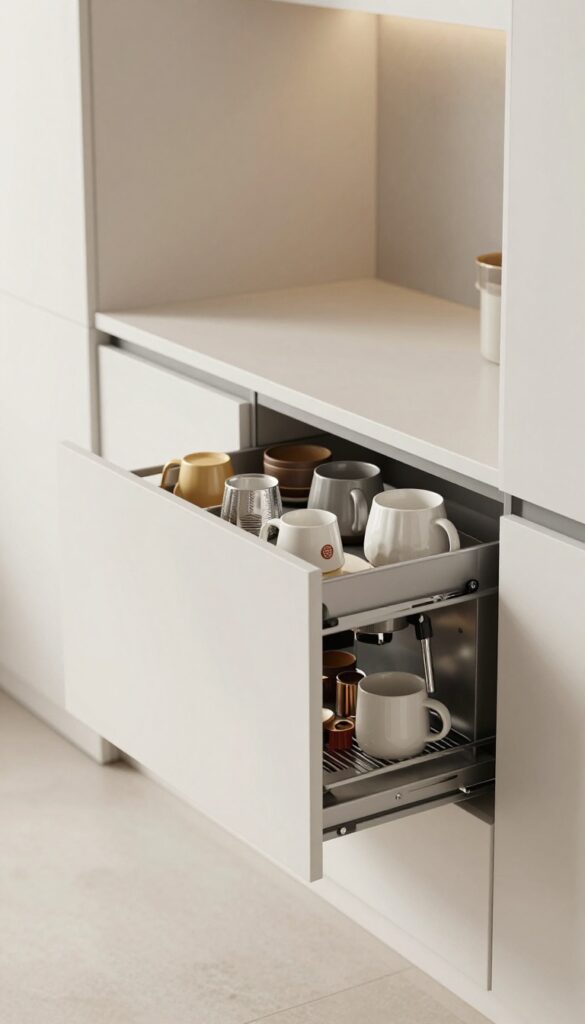 Slim pull-out coffee drawer in a modern kitchen, open to show an espresso machine, mugs, and coffee pods, with bright natural light.