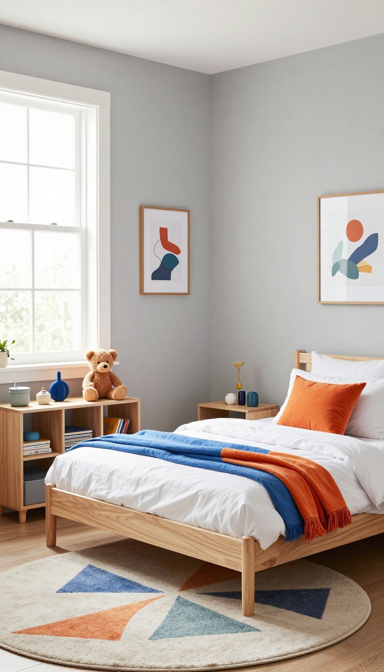 Neutral boys bedroom with colorful accents in bedding, rug, and art