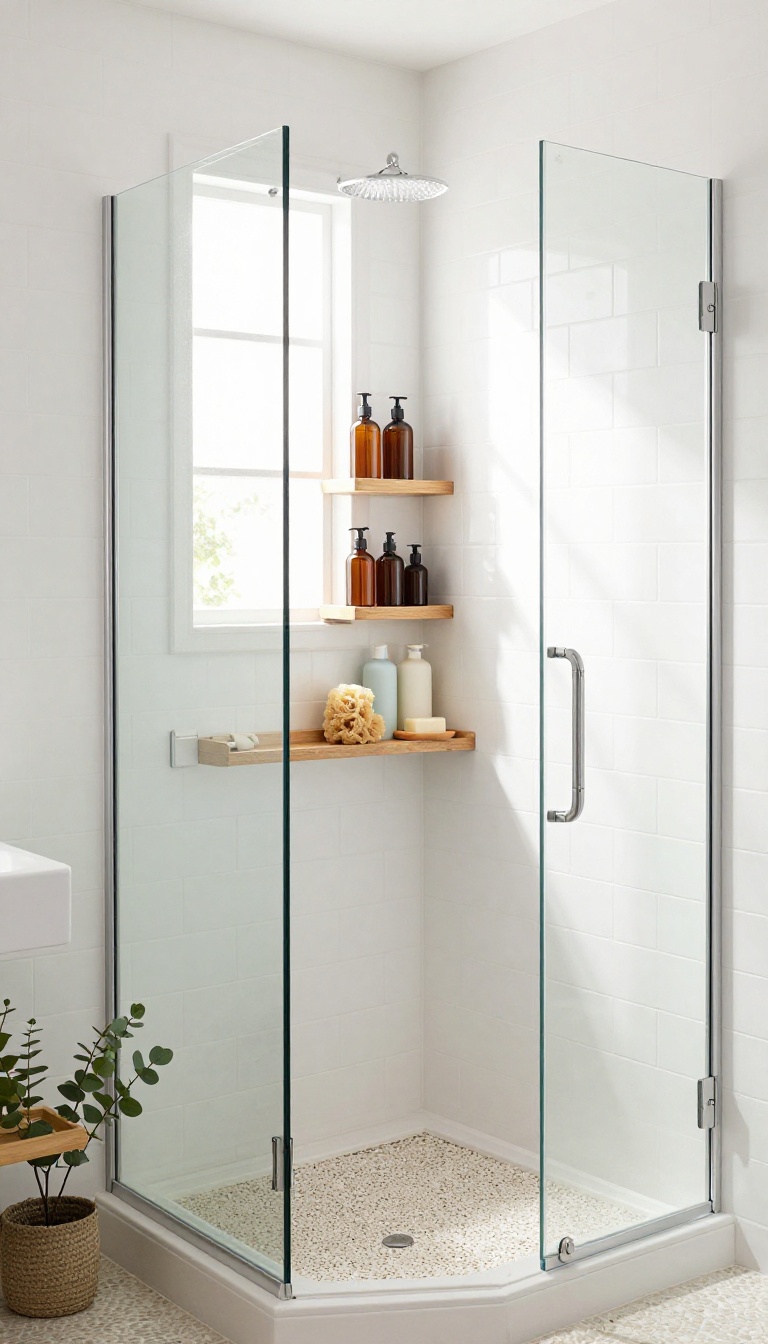 Spa-like guest bathroom with a teak shower caddy holding toiletries in a glass shower