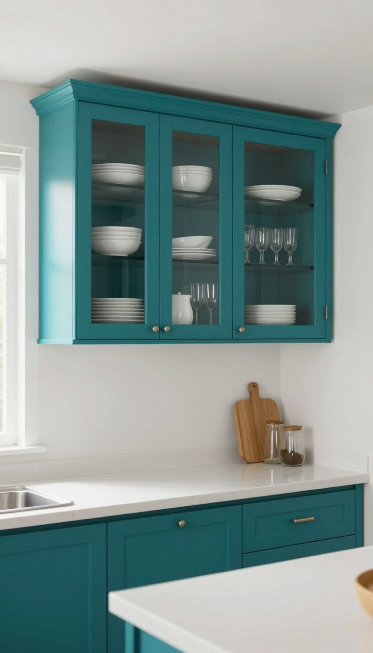 Kitchen upper cabinets with glass fronts and teal painted interiors, showcasing white dishes and glassware.