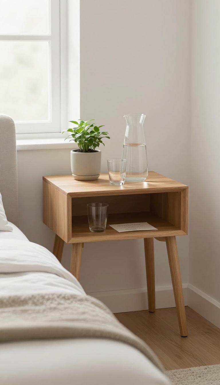 Minimalist welcome tray with water, glasses, plant, and note on a nightstand in a cozy modern guest bedroom