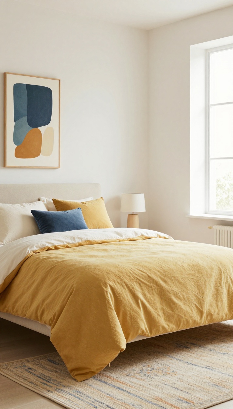 Small bedroom with neutral palette and mustard yellow and blue accents