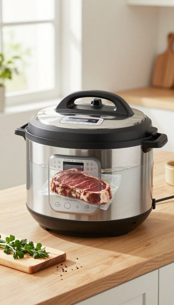 Instant Pot with sous-vide mode on a kitchen counter, showing a steak in a water bath, with fresh herbs and a cutting board nearby.