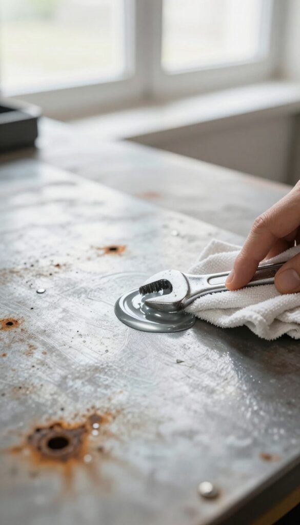 Commercial rust remover gel being wiped off a metal surface, revealing clean shiny metal