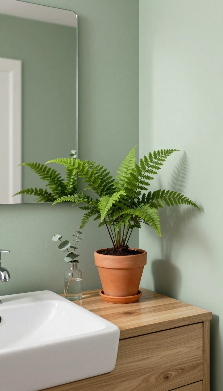 A small plant and fresh flowers on a bathroom countertop in a bright, minimalist guest toilet.