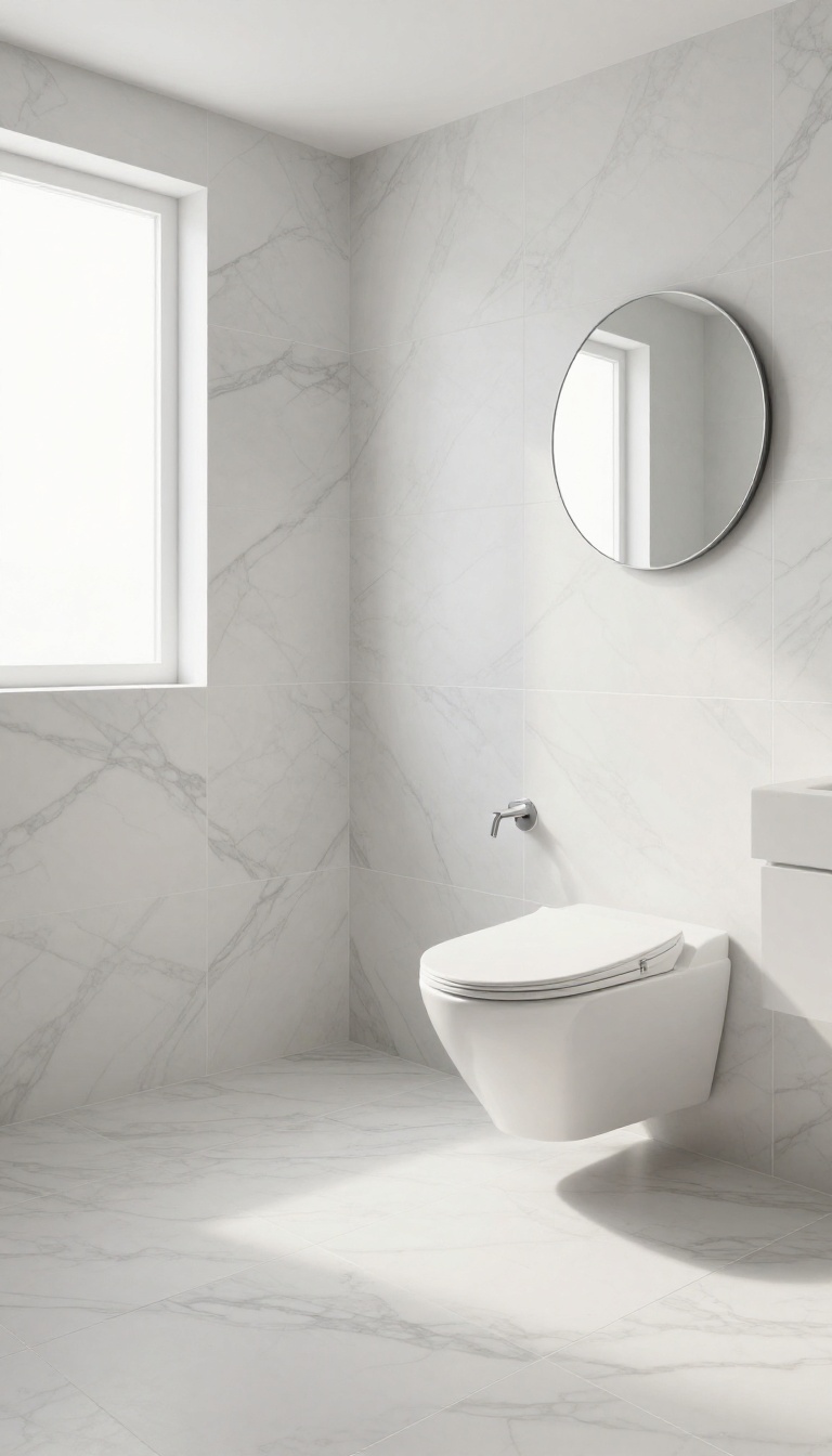 Small guest toilet with large-format marble-look tiles creating a seamless, spacious feel
