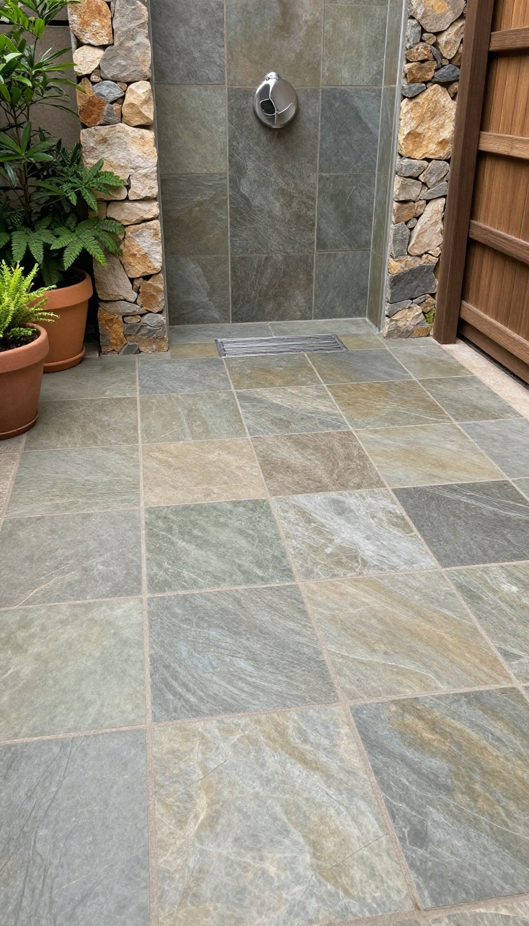 Outdoor shower with slate tile floor and natural surroundings
