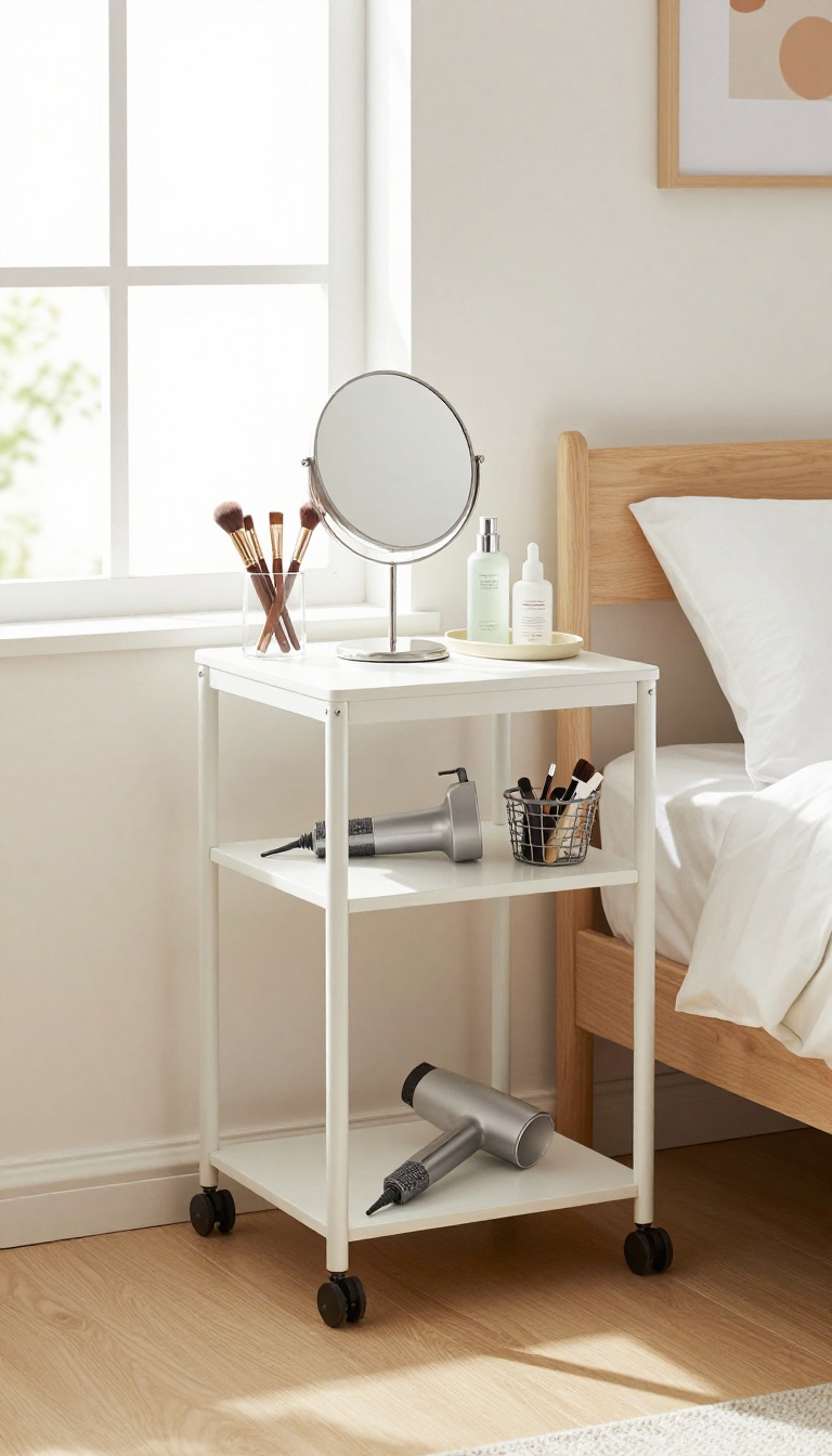 Slim rolling cart styled as a vanity in a small bedroom, with mirror and makeup essentials