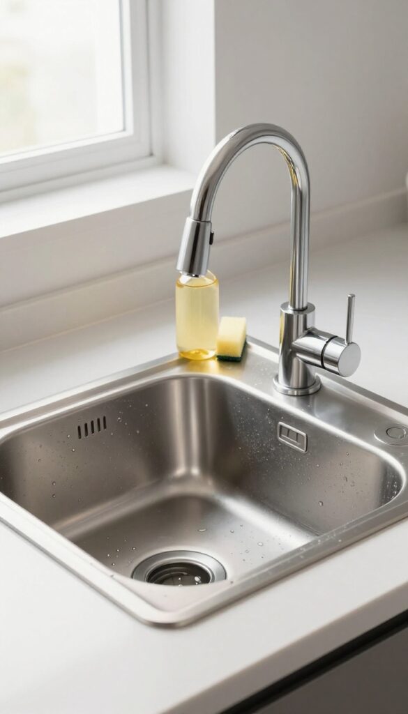 A spotless kitchen sink with a sponge and dish soap nearby, ready for a nightly wipe down.