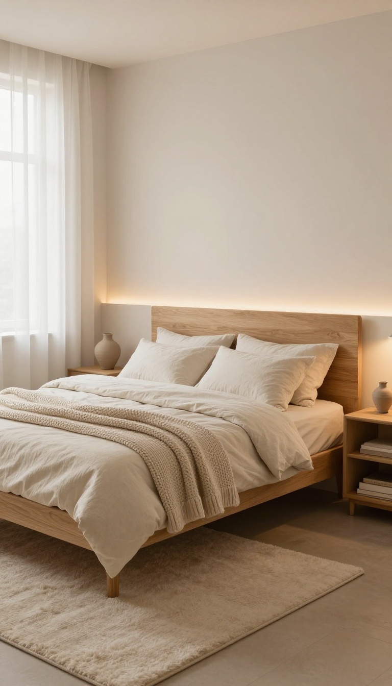 Warm minimalist basement guest bedroom with light wood furniture, cream linens, and soft lighting