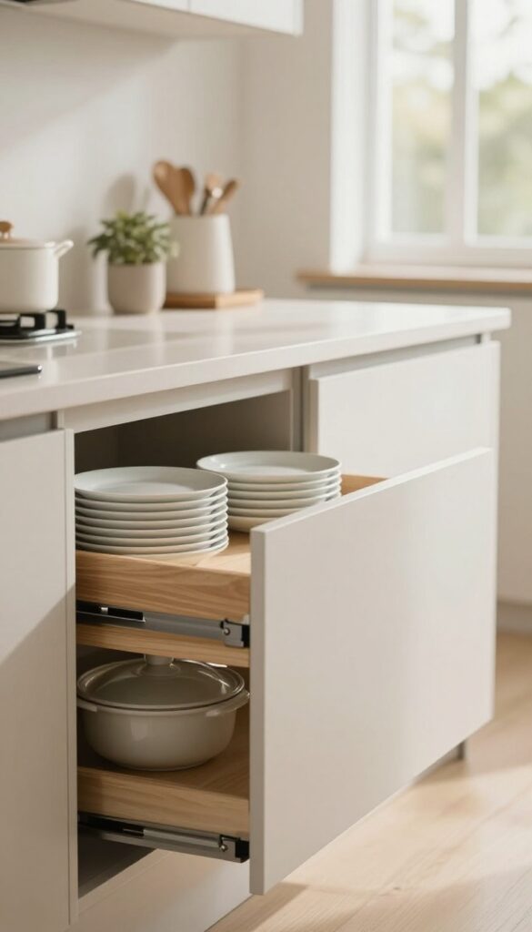 A modern kitchen with a built-in warming drawer holding plates and a dish, bathed in natural light.