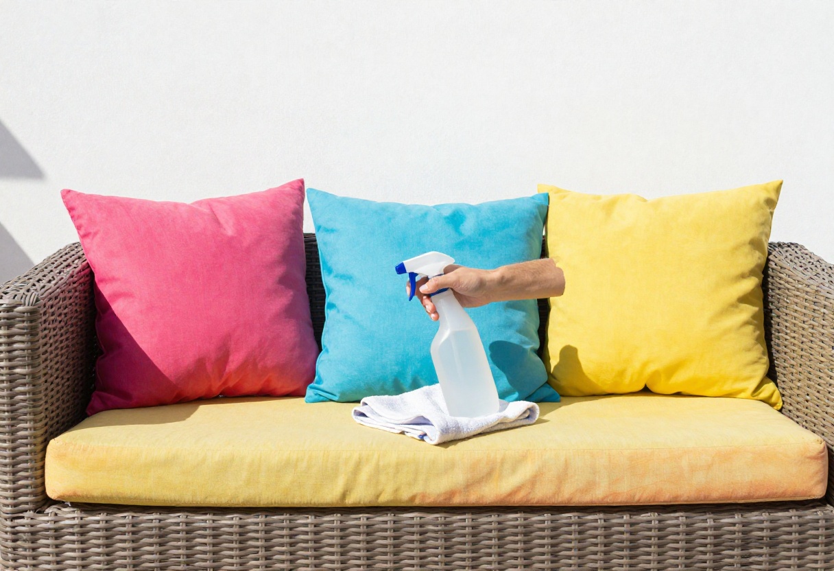 Cleaning outdoor cushions with a spray bottle on a sunny patio