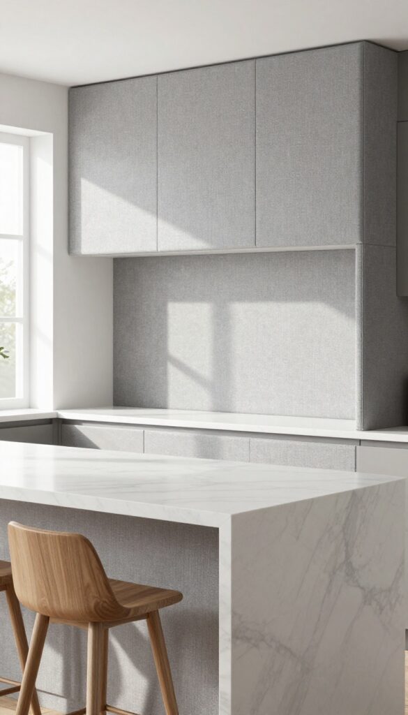 Modern kitchen island with upholstered back panel for seating comfort