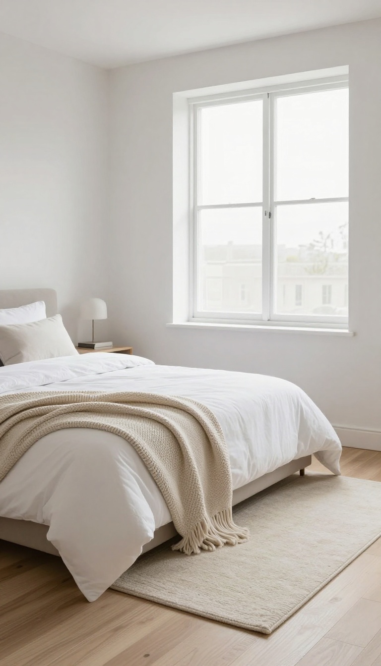 Cozy modern guest bedroom with a plush cream area rug under the bed, soft natural light, and neutral decor