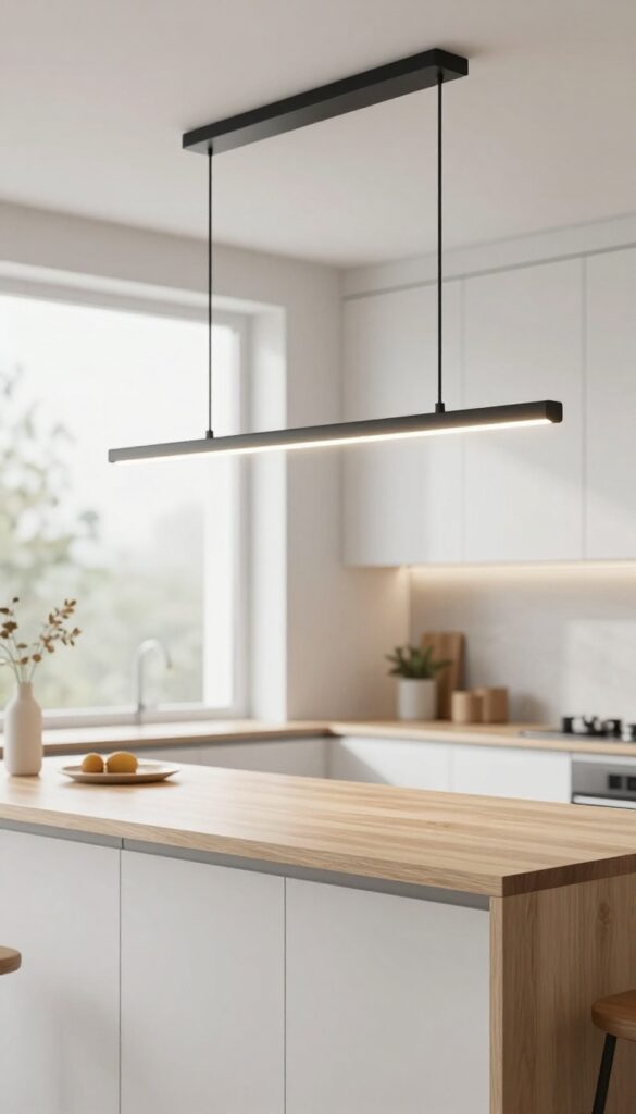 Modern kitchen with a sleek linear suspension light above the island
