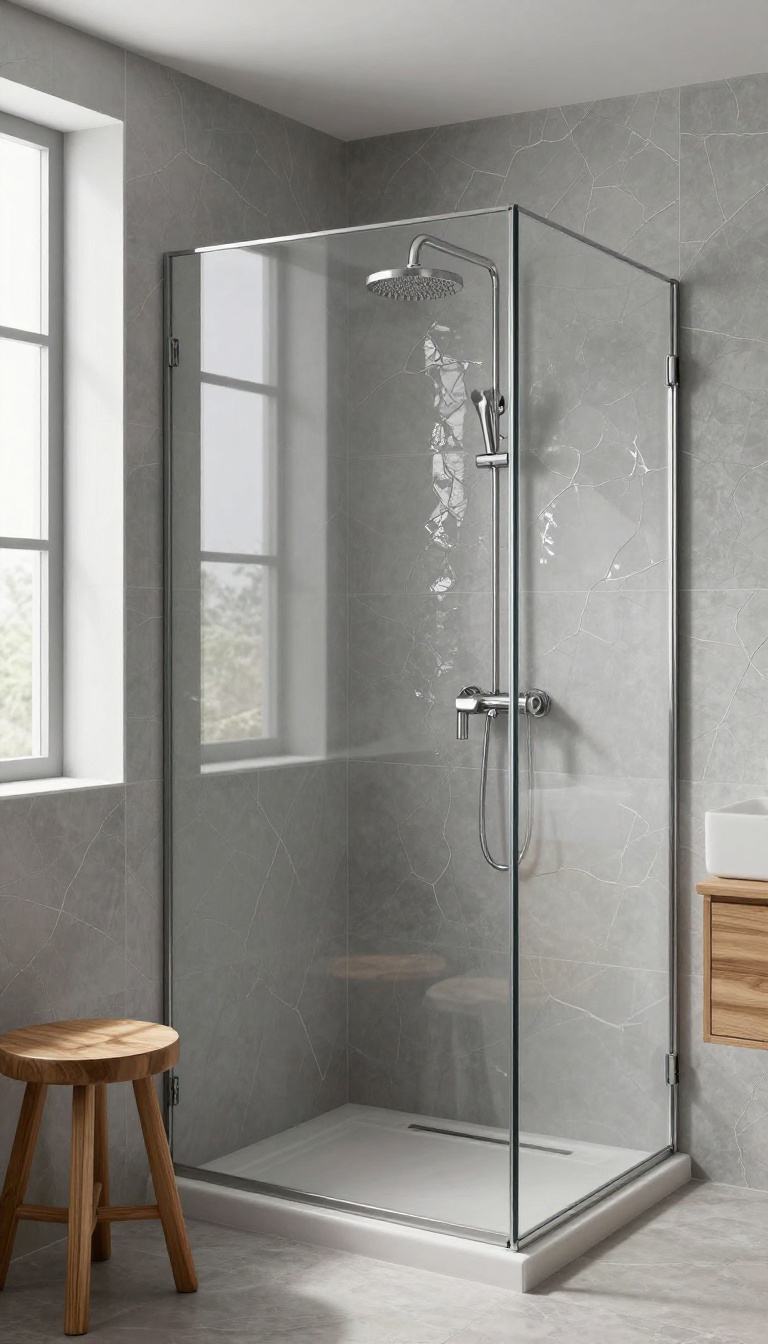 Grey crackle tile shower with glossy depth and natural light