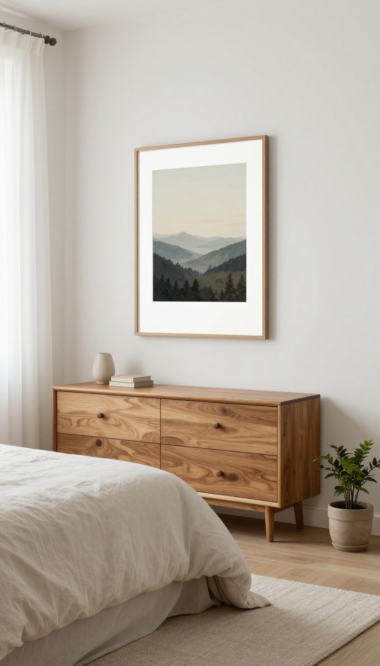 Guest bedroom with framed landscape artwork hung at eye level above a dresser, soft collected decor style