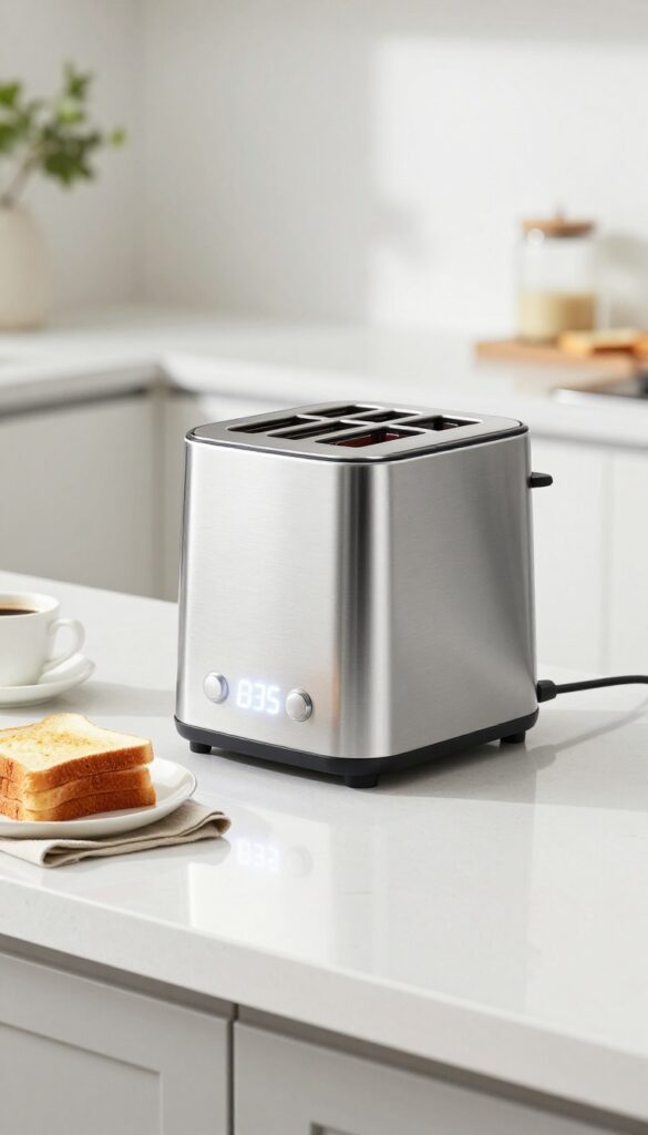 Modern smart toaster with digital countdown display on a bright kitchen countertop, with toast and coffee nearby.