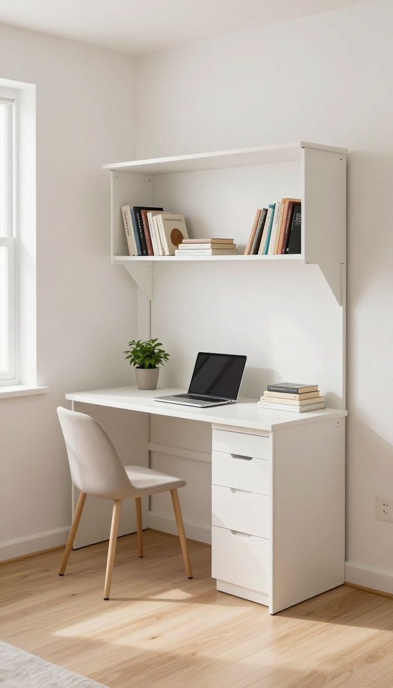 Over-the-door desk with a Murphy bed in a compact guest room and office combo.
